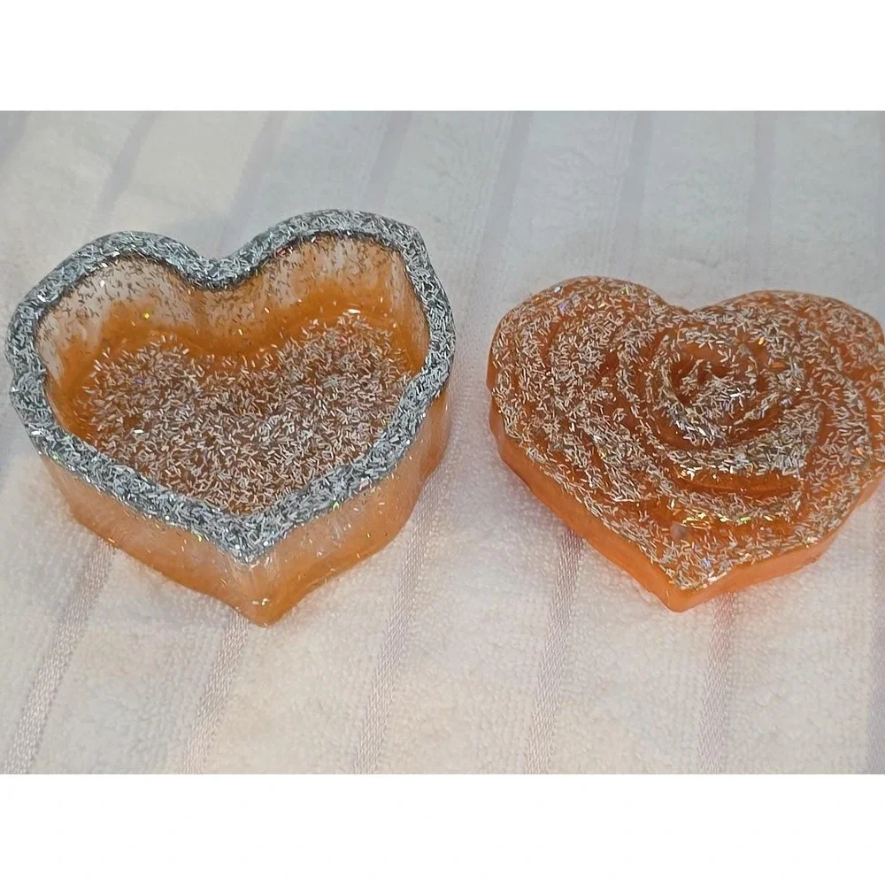 Handmade Resin Heart Shaped‎ Box With Lid Orange And Silver. 760